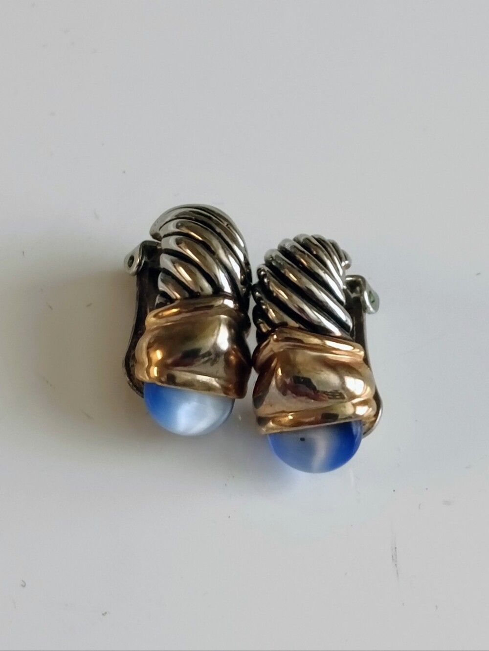 Vintage Blue Tiger Eye Two Tone Silver & Gold Clip Earrings